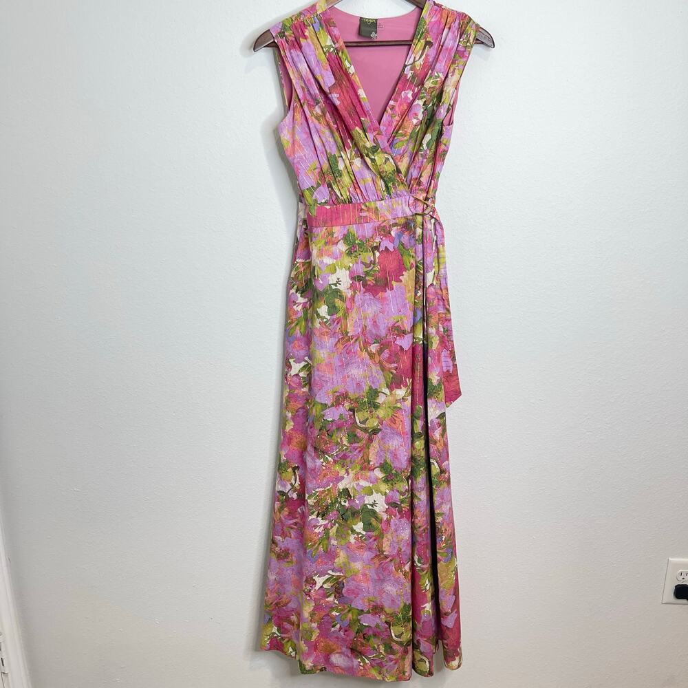 Taylor Floral Wrap Maxi Dress Size 2 Pink Green Sleeveless Lined Metallic Thread